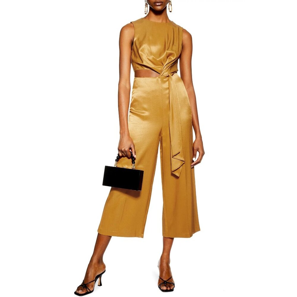 Topshop Bronze Satin Sleeveless Jumpsuit with Knot Detail